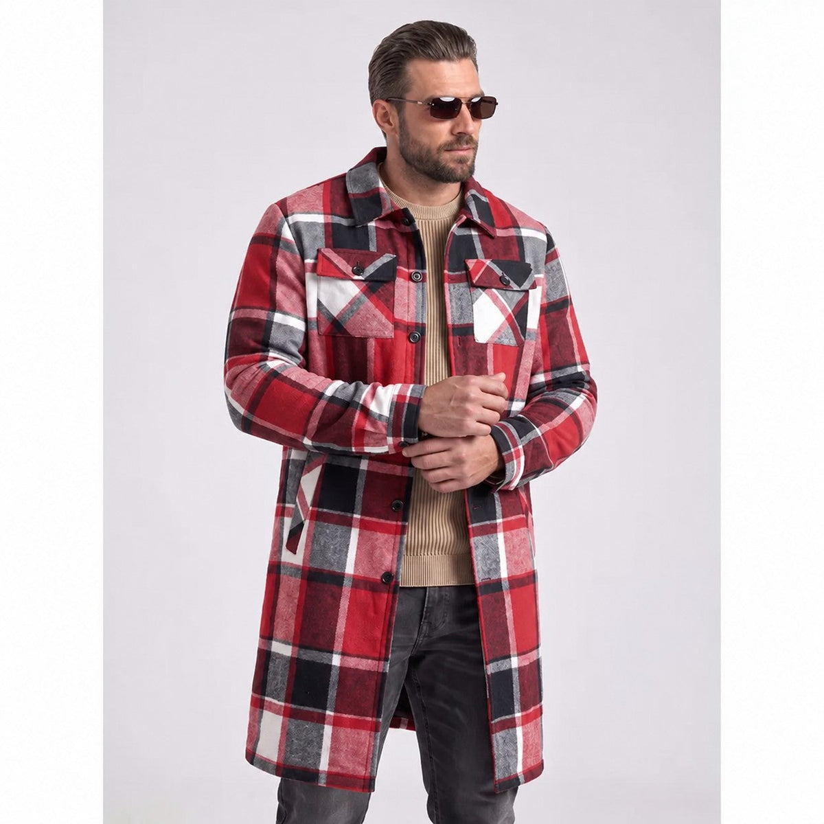 KZZ Men's plaid check long coat, with a buttoned lapel, loose fit