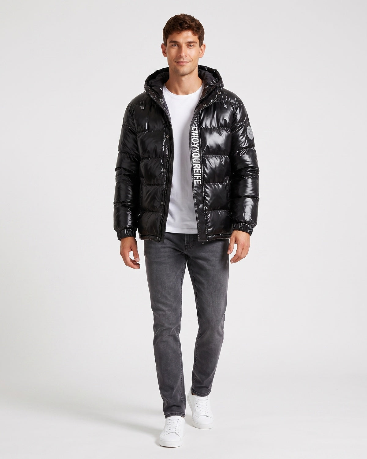 Men's Letter-Print Color-Block Drawstring Hooded Winter Jacket