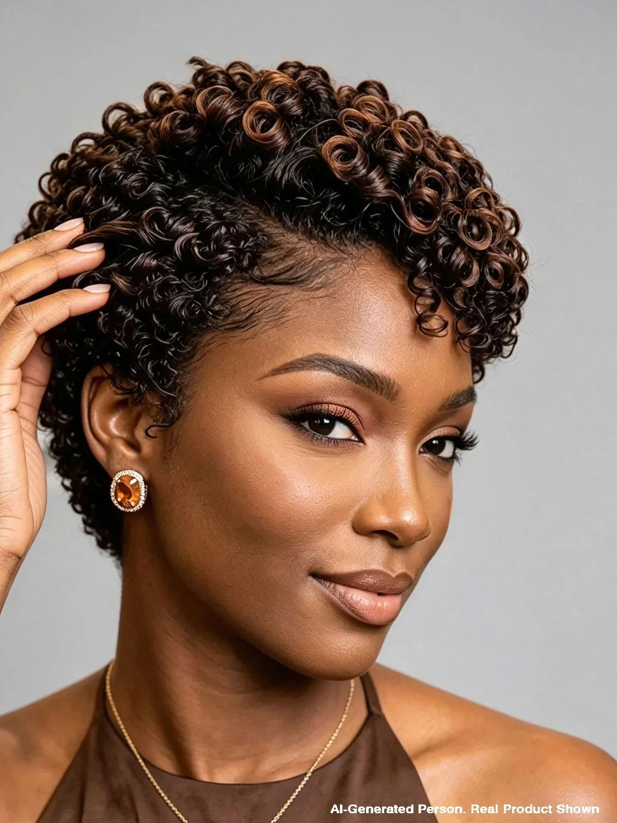 Lace Front Pixie Curly Wig Brown Highlight
