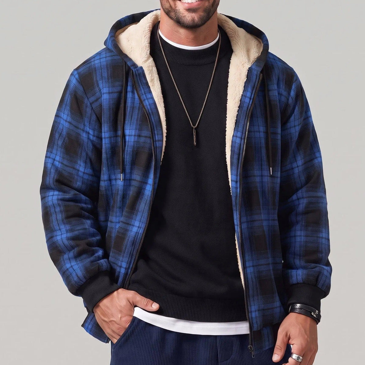 KZZ Men's Long-Sleeve Plaid Jacket