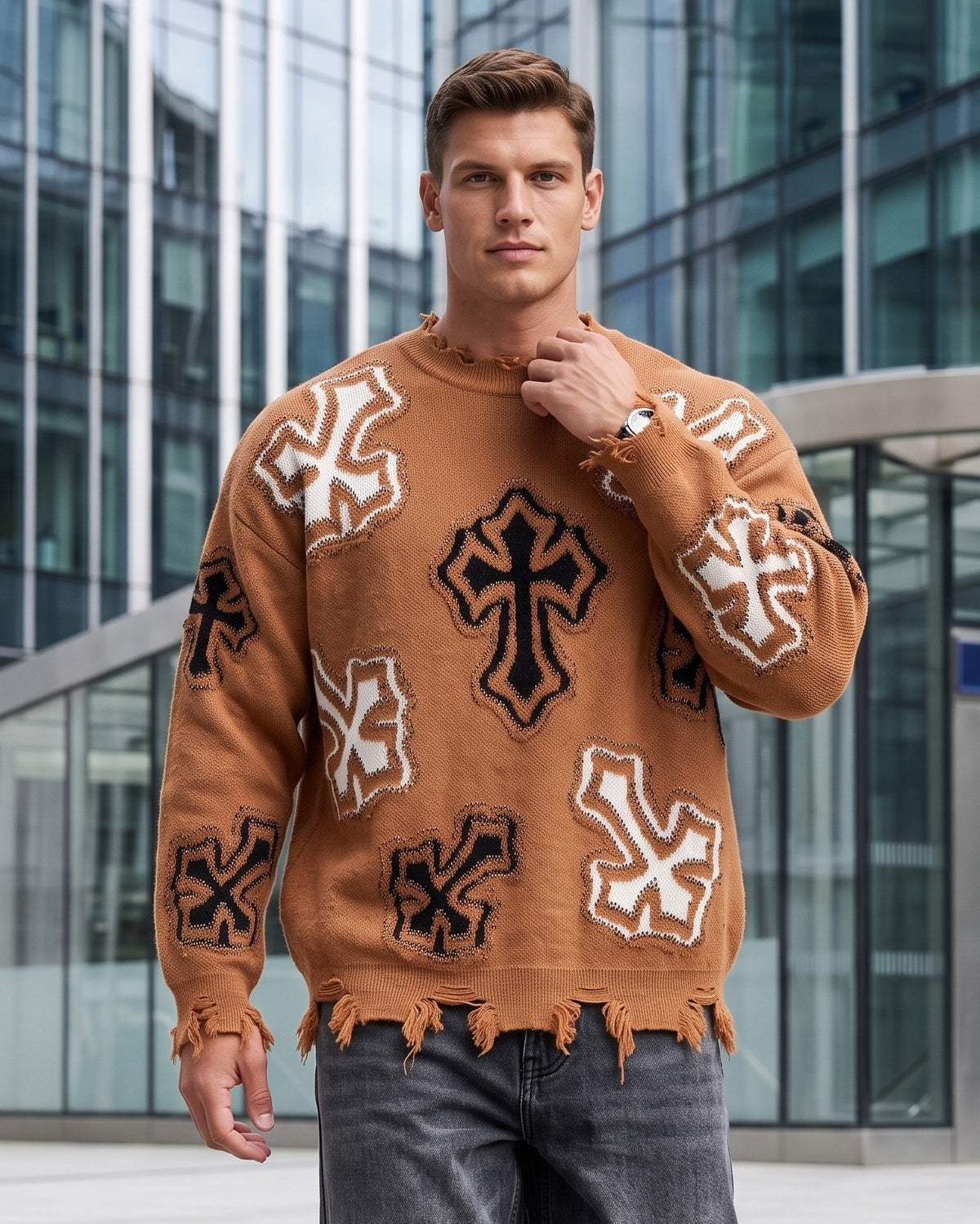 KZZ Men's Dark Street Style Crew Neck Sweater