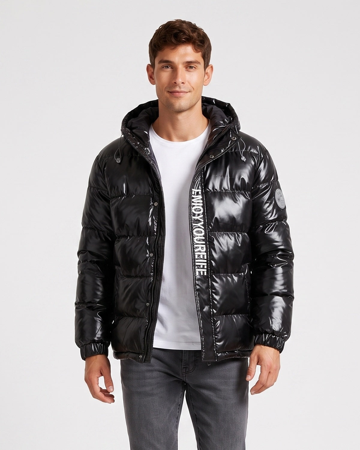 Men's Letter-Print Color-Block Drawstring Hooded Winter Jacket