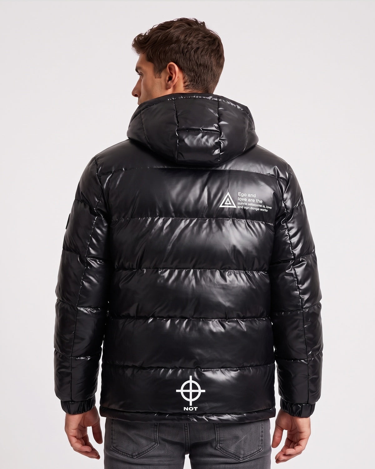 Men's Letter-Print Color-Block Drawstring Hooded Winter Jacket