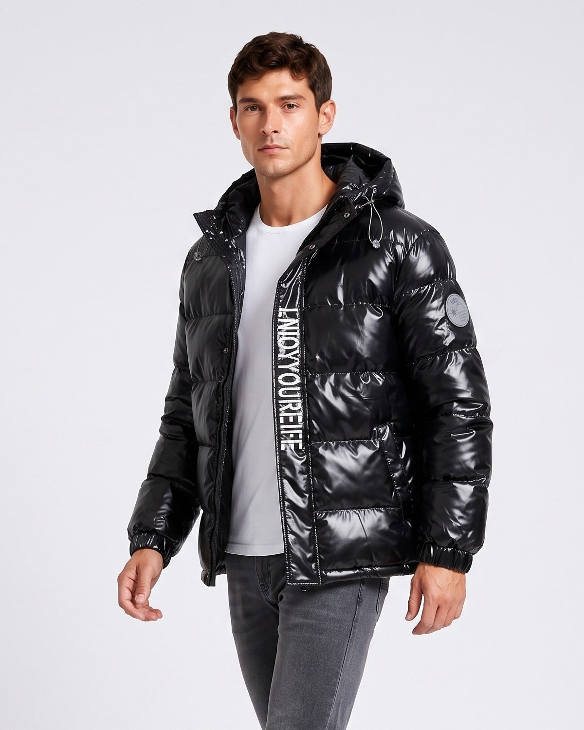 Men's Letter-Print Color-Block Drawstring Hooded Winter Jacket