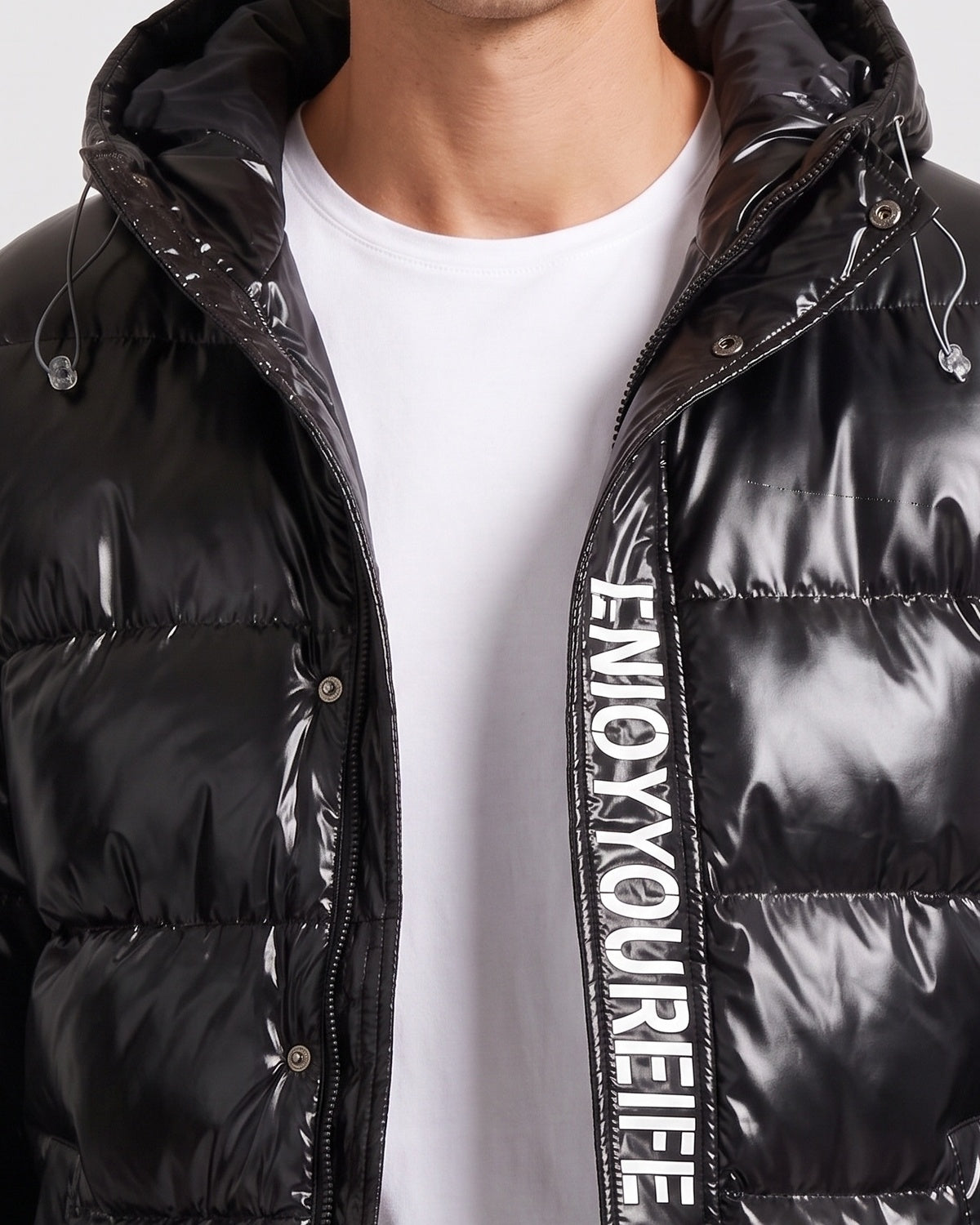 Men's Letter-Print Color-Block Drawstring Hooded Winter Jacket