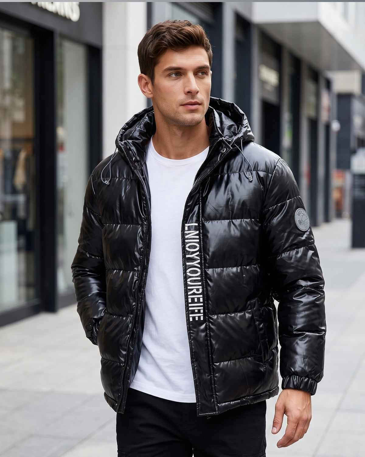Men's Letter-Print Color-Block Drawstring Hooded Winter Jacket