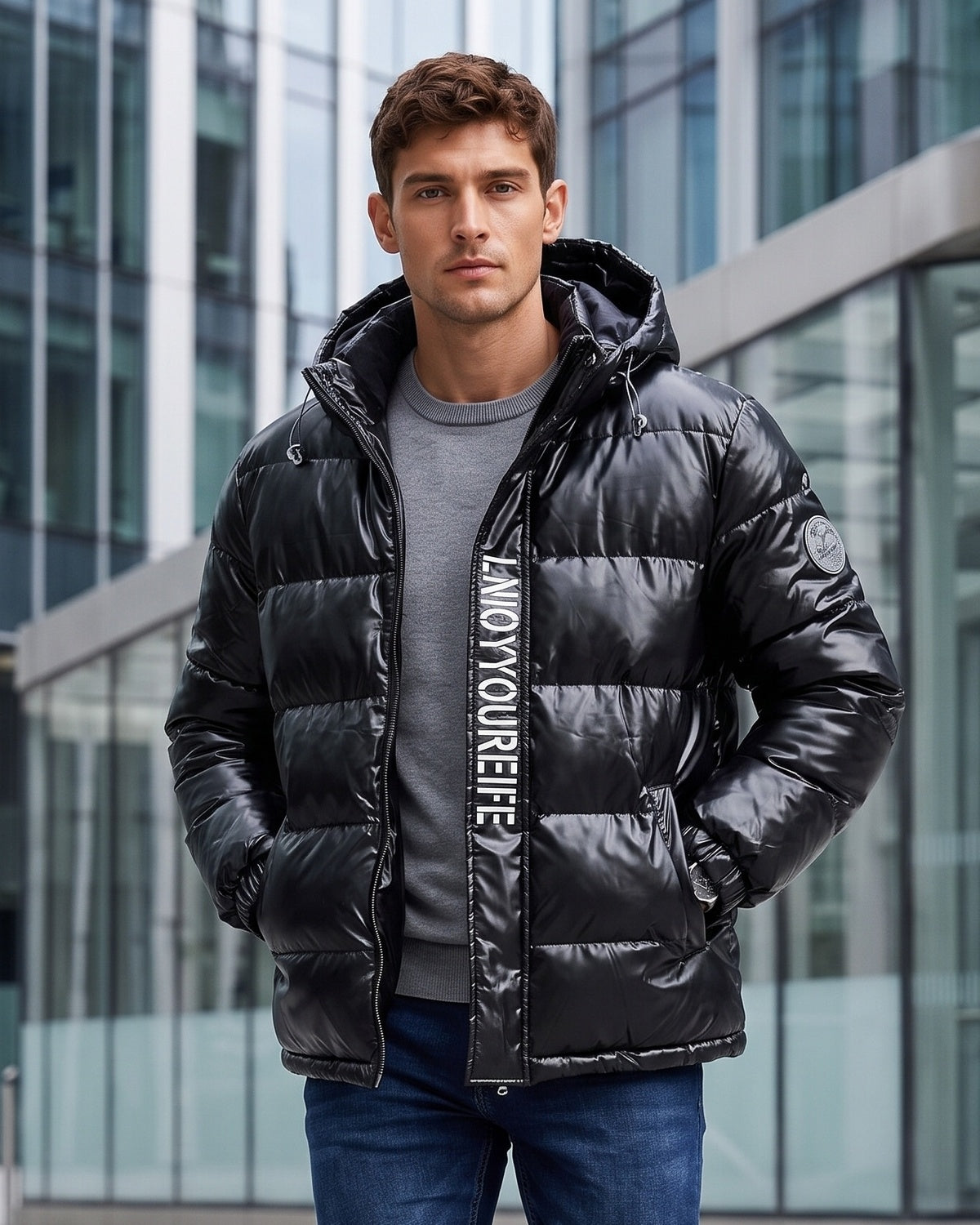 Men's Letter-Print Color-Block Drawstring Hooded Winter Jacket