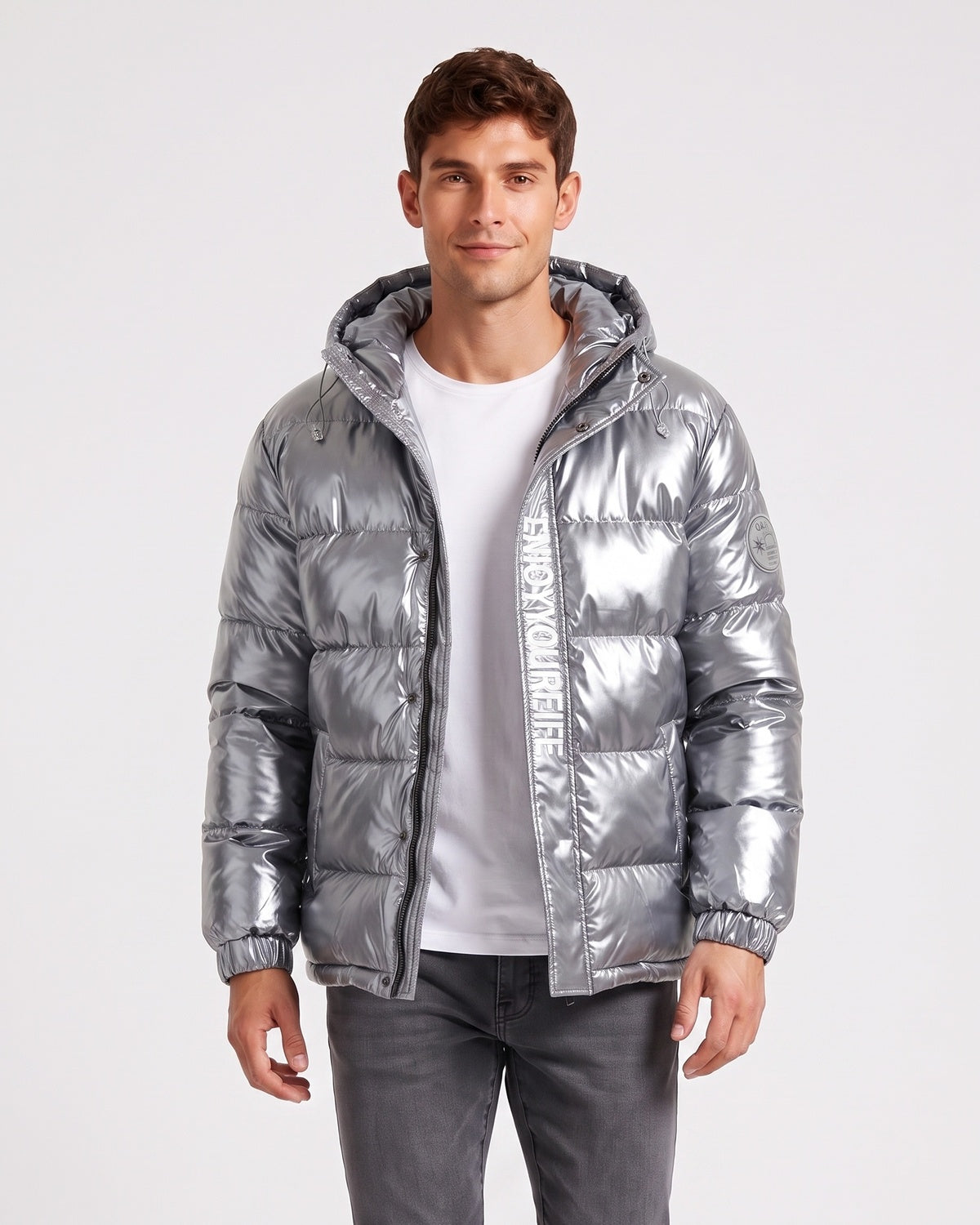 Men's Letter-Print Color-Block Drawstring Hooded Winter Jacket
