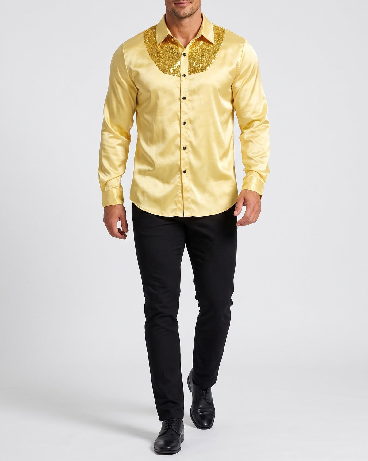 KZZ Men's shiny metallic sequin long-sleeved button shirt