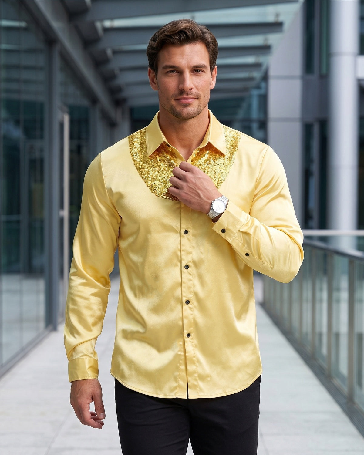 KZZ Men's shiny metallic sequin long-sleeved button shirt