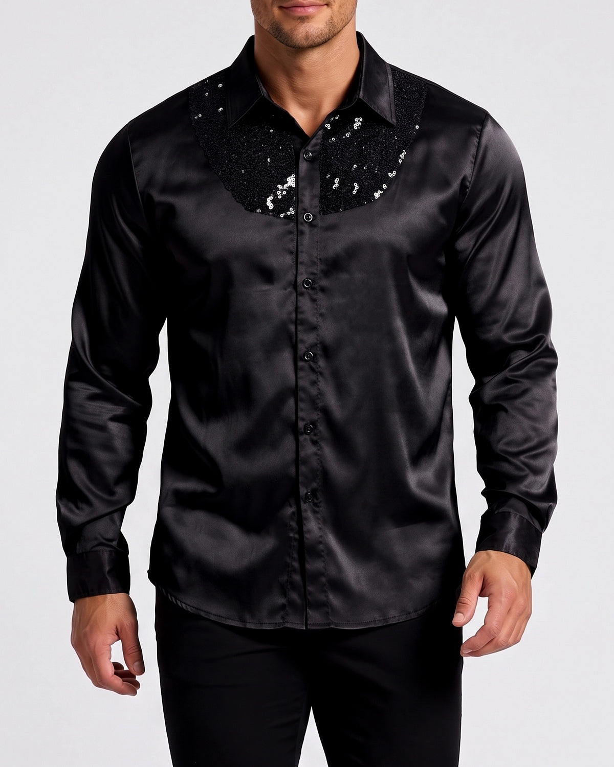 KZZ Men's shiny metallic sequin long-sleeved button shirt