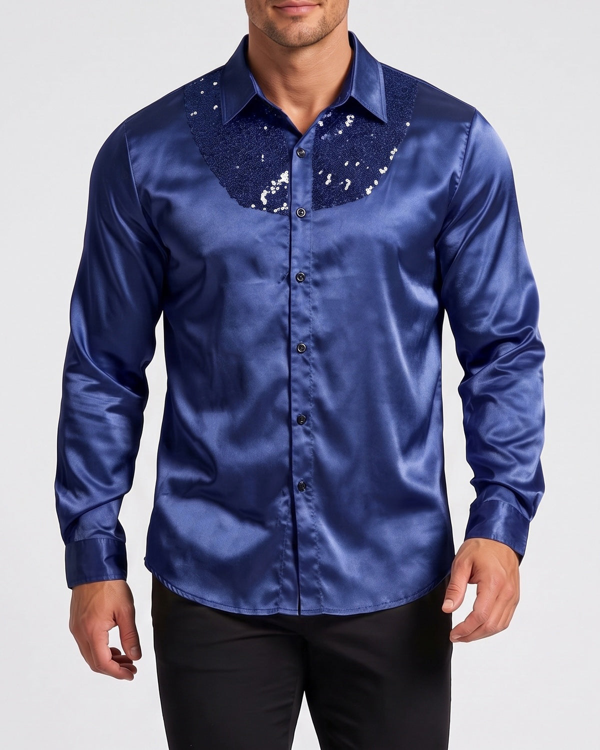 KZZ Men's shiny metallic sequin long-sleeved button shirt