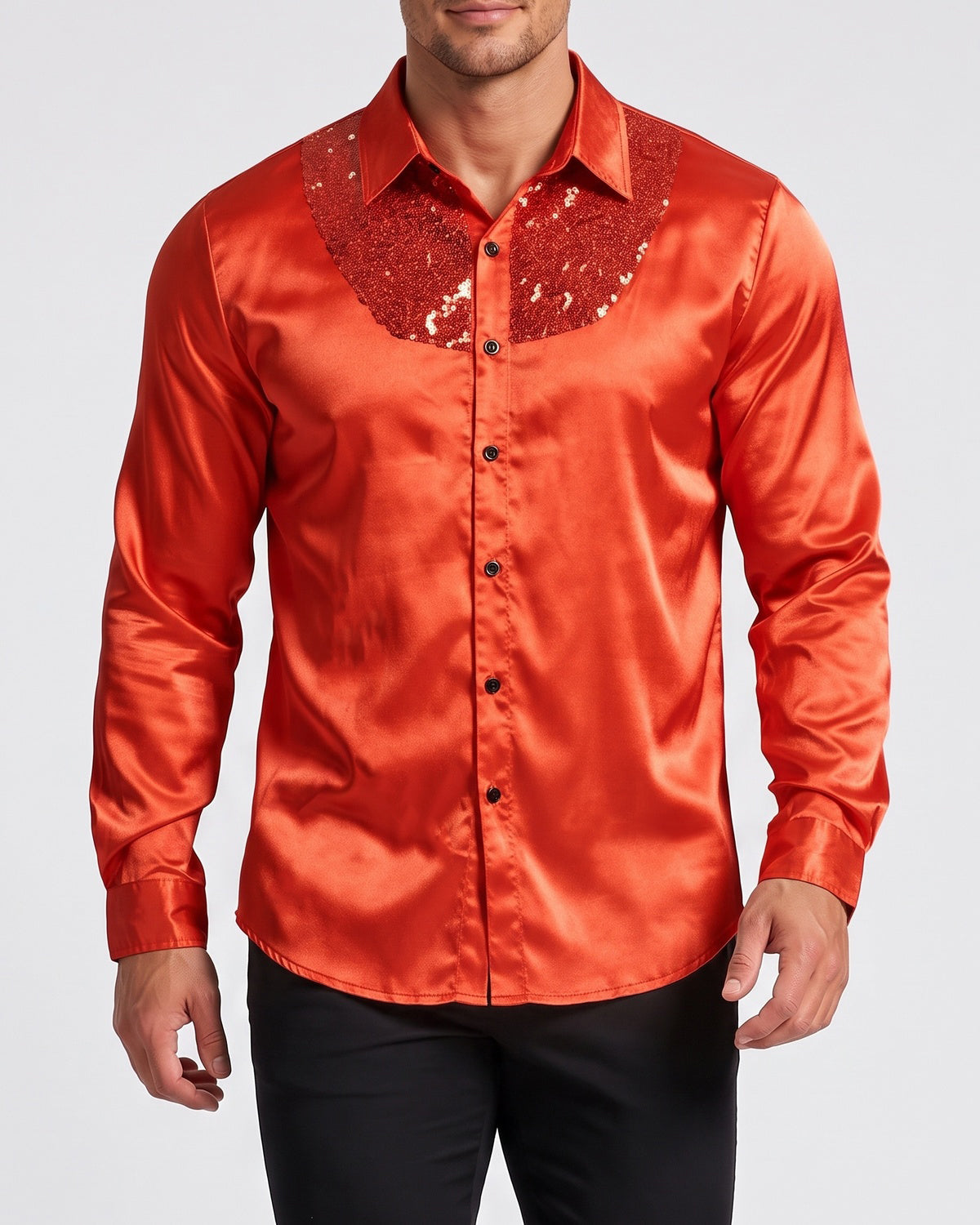 KZZ Men's shiny metallic sequin long-sleeved button shirt