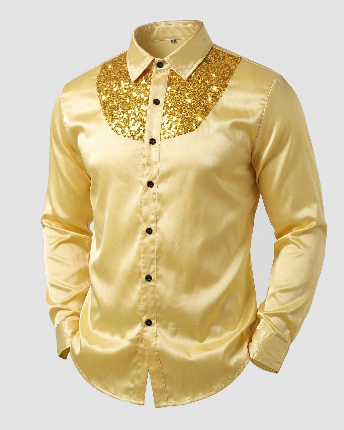 KZZ Men's shiny metallic sequin long-sleeved button shirt