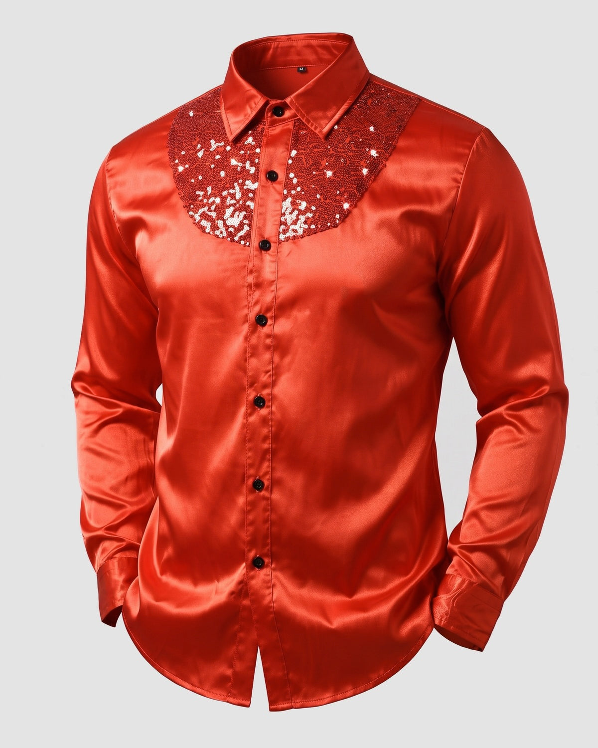 KZZ Men's shiny metallic sequin long-sleeved button shirt