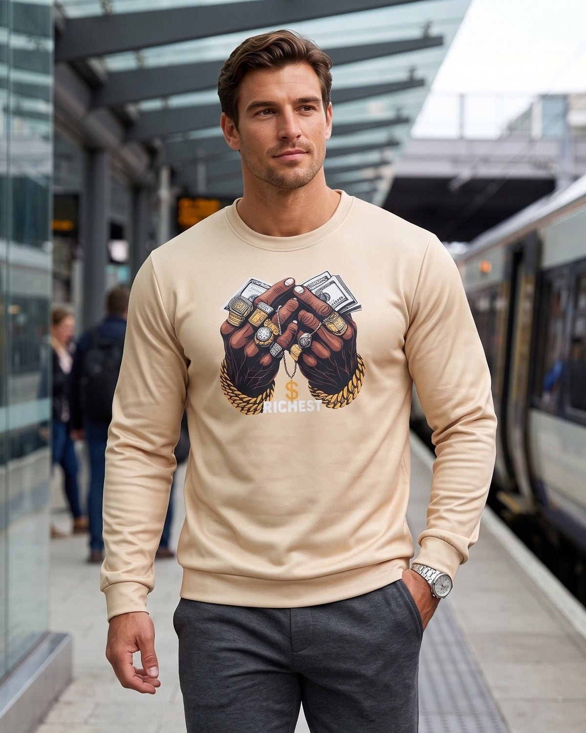 KZZ Men's Printed Crew Neck Sweatshirt
