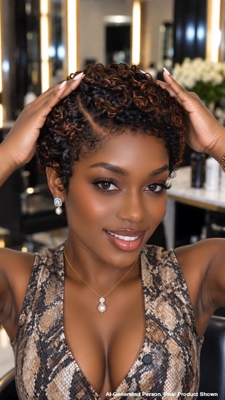Lace Front Pixie Curly Wig Brown Highlight