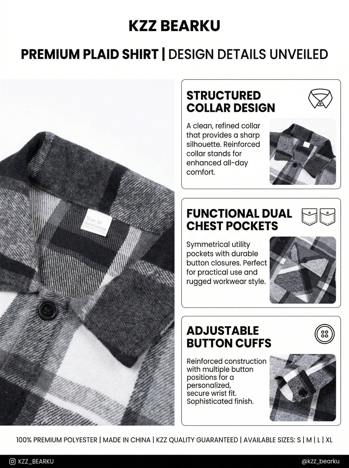 KZZ Men's plaid check long coat, with a buttoned lapel, loose fit