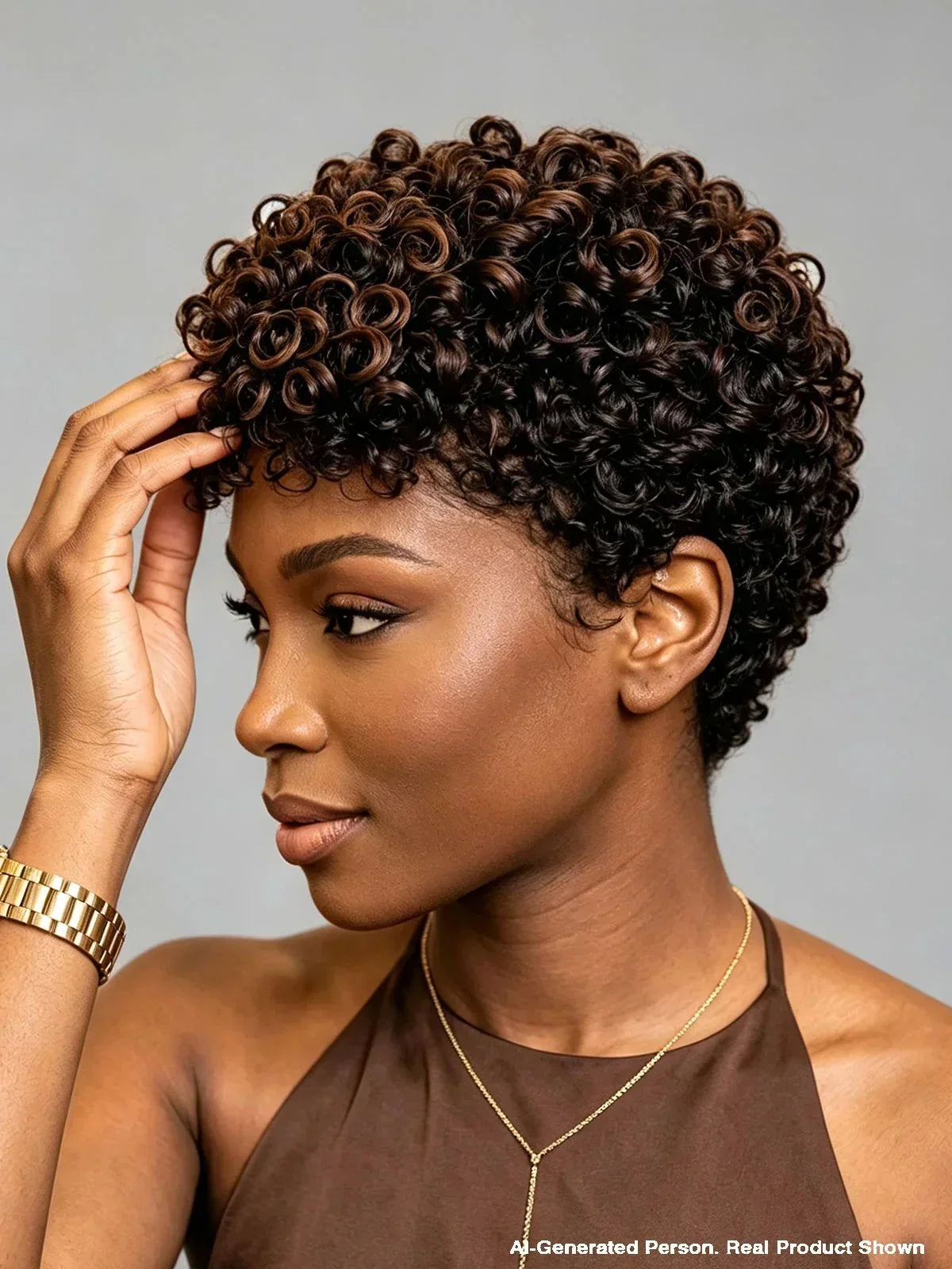 Lace Front Pixie Curly Wig Brown Highlight