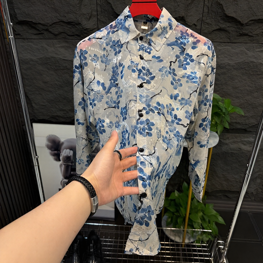 Blue floral semi-transparent refreshing shirt