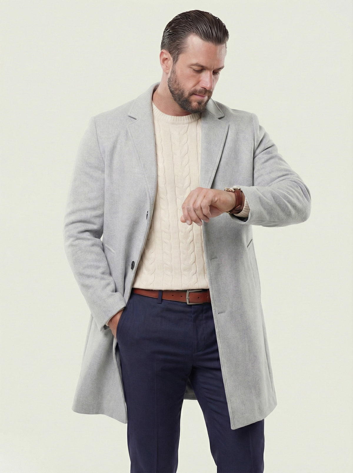 KZZ Men's Solid Button Front Lapel Neck Midi Coat Wear