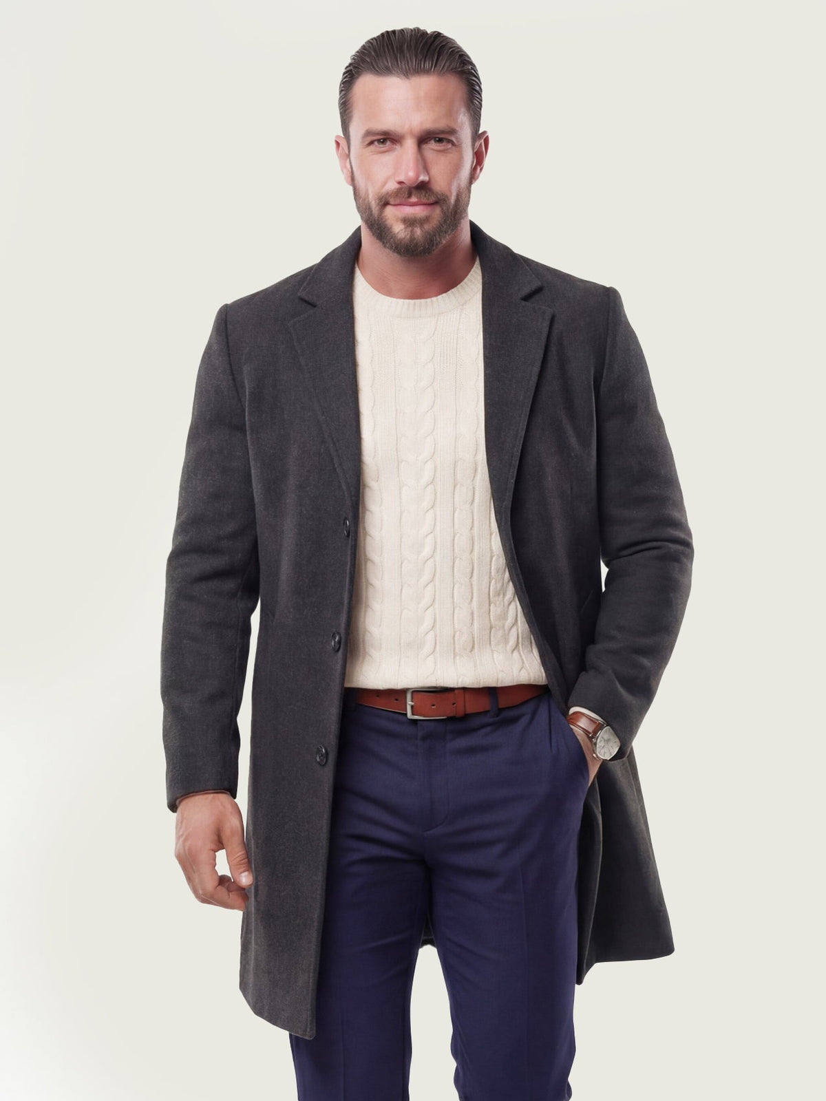KZZ Men's Solid Button Front Lapel Neck Midi Coat Wear