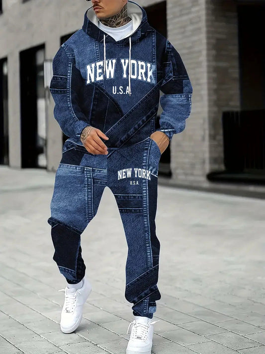 KZZ Men's Fall Winter Hooded Sweatshirt & Pants Set