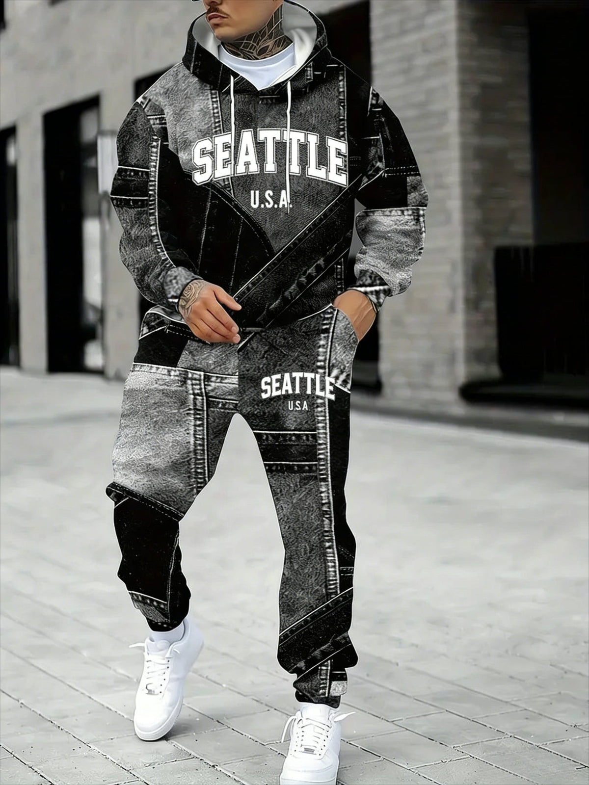 KZZ Men's Fall Winter Hooded Sweatshirt & Pants Set