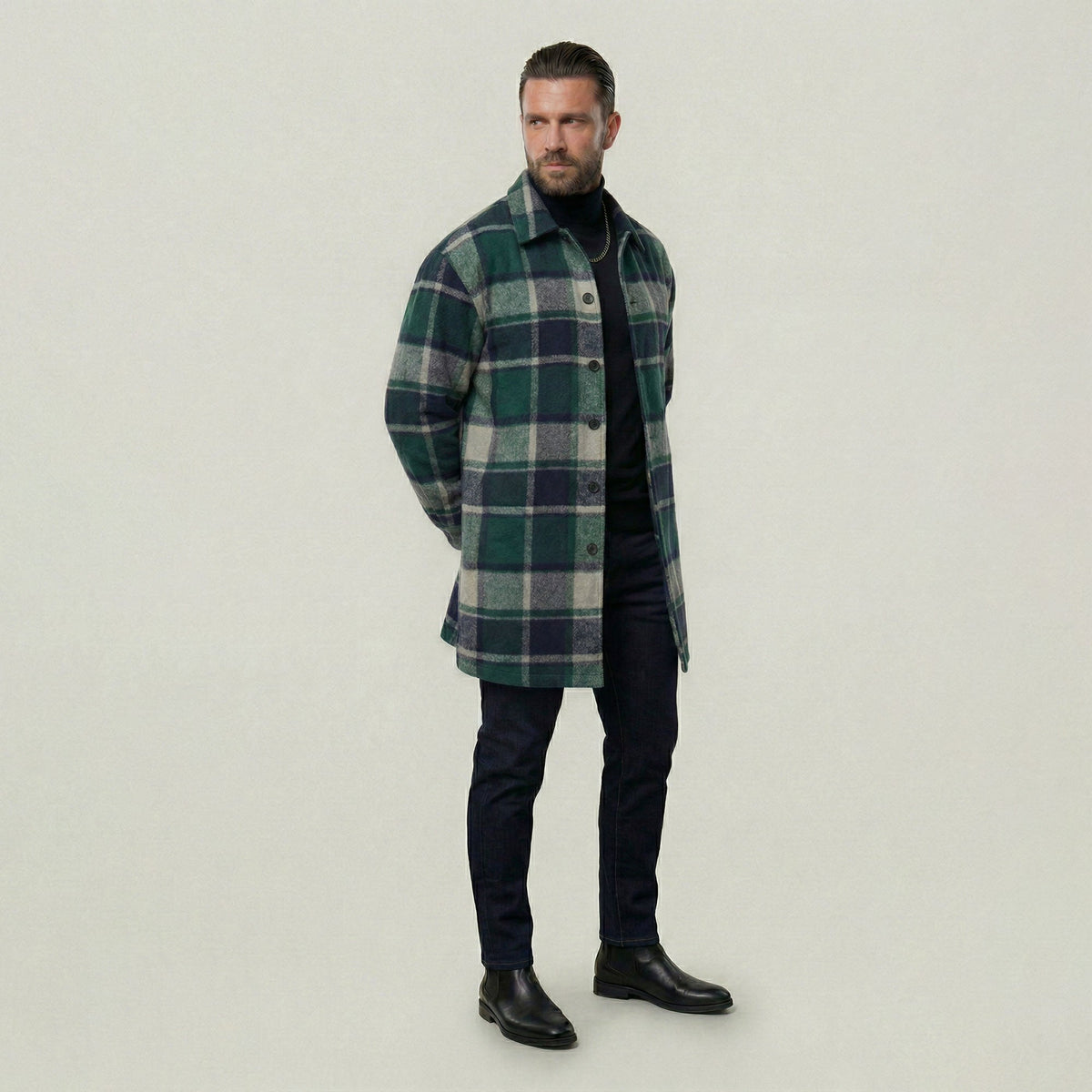 KZZ Men's plaid check long coat, with a buttoned lapel, loose fit